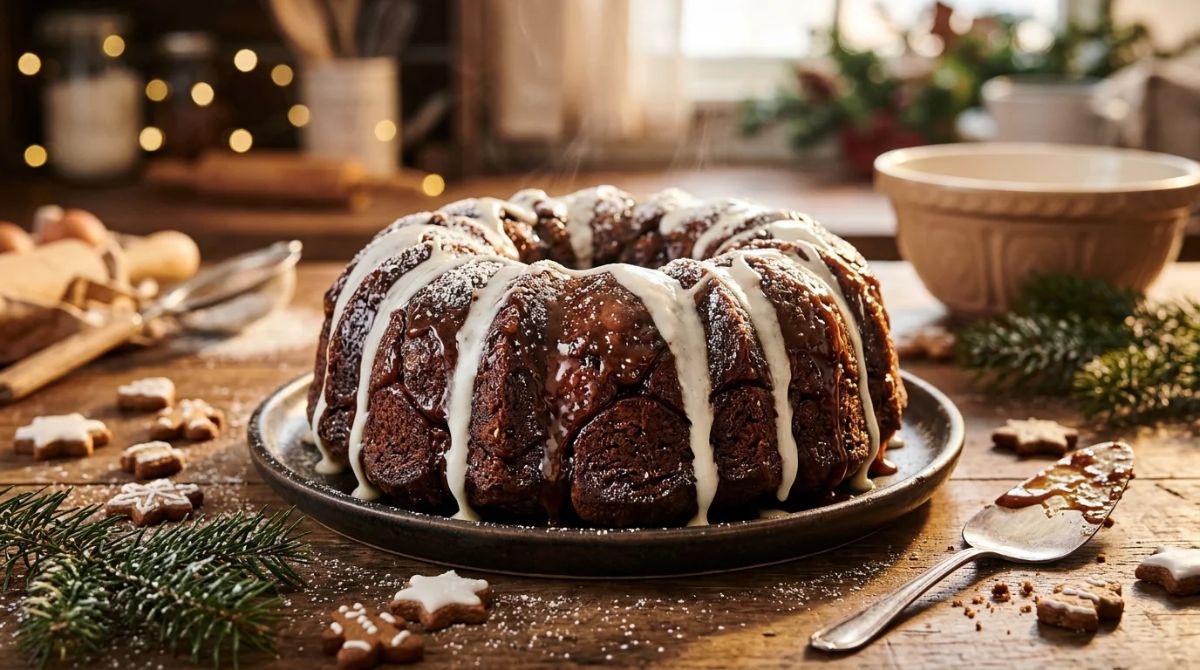 Gingerbread pull-apart with molasses caramel and cream cheese drizzle