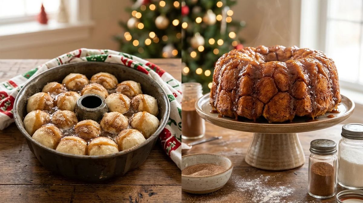 Overnight monkey bread in a bundt pan ready for Christmas morning
