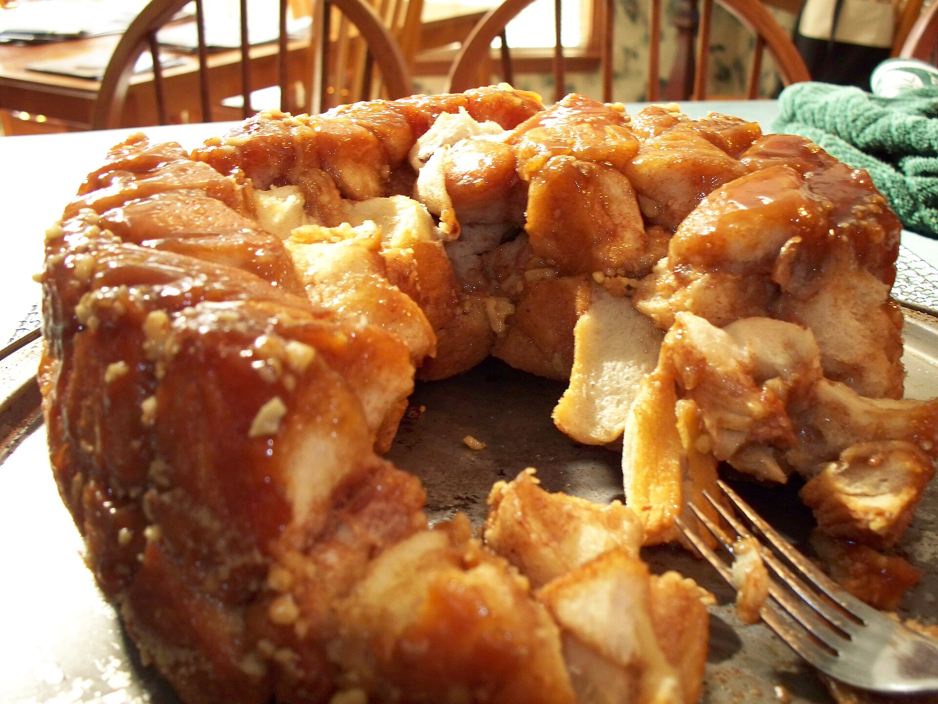 Monkey bread made with canned biscuit pieces and caramel