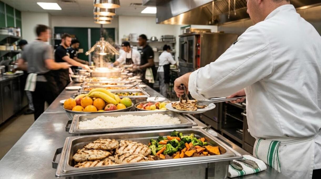 Feeding an NFL team: chef plating grilled chicken on a team kitchen buffet line