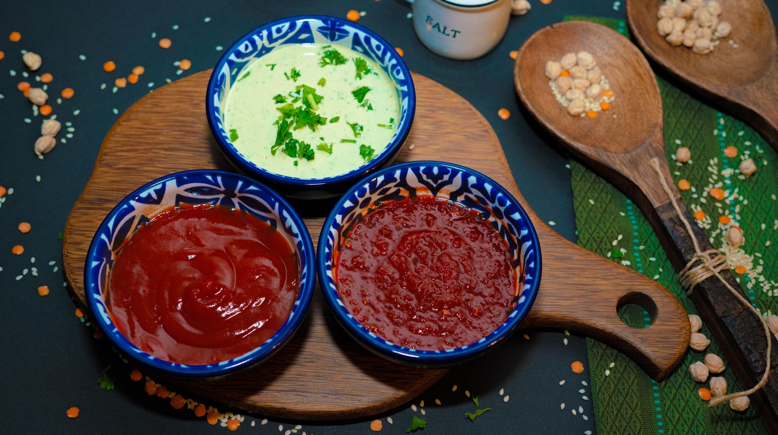 Dipping sauces in colorful bowls for homemade chicken nuggets