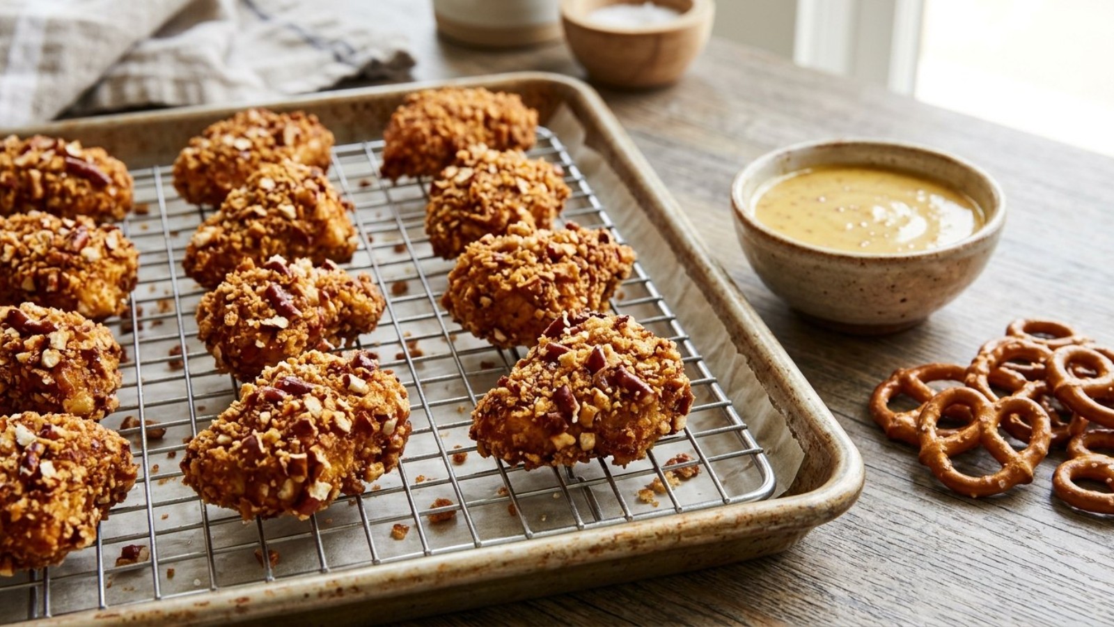 Homemade chicken nuggets with a crushed pretzel crust on a wire rack