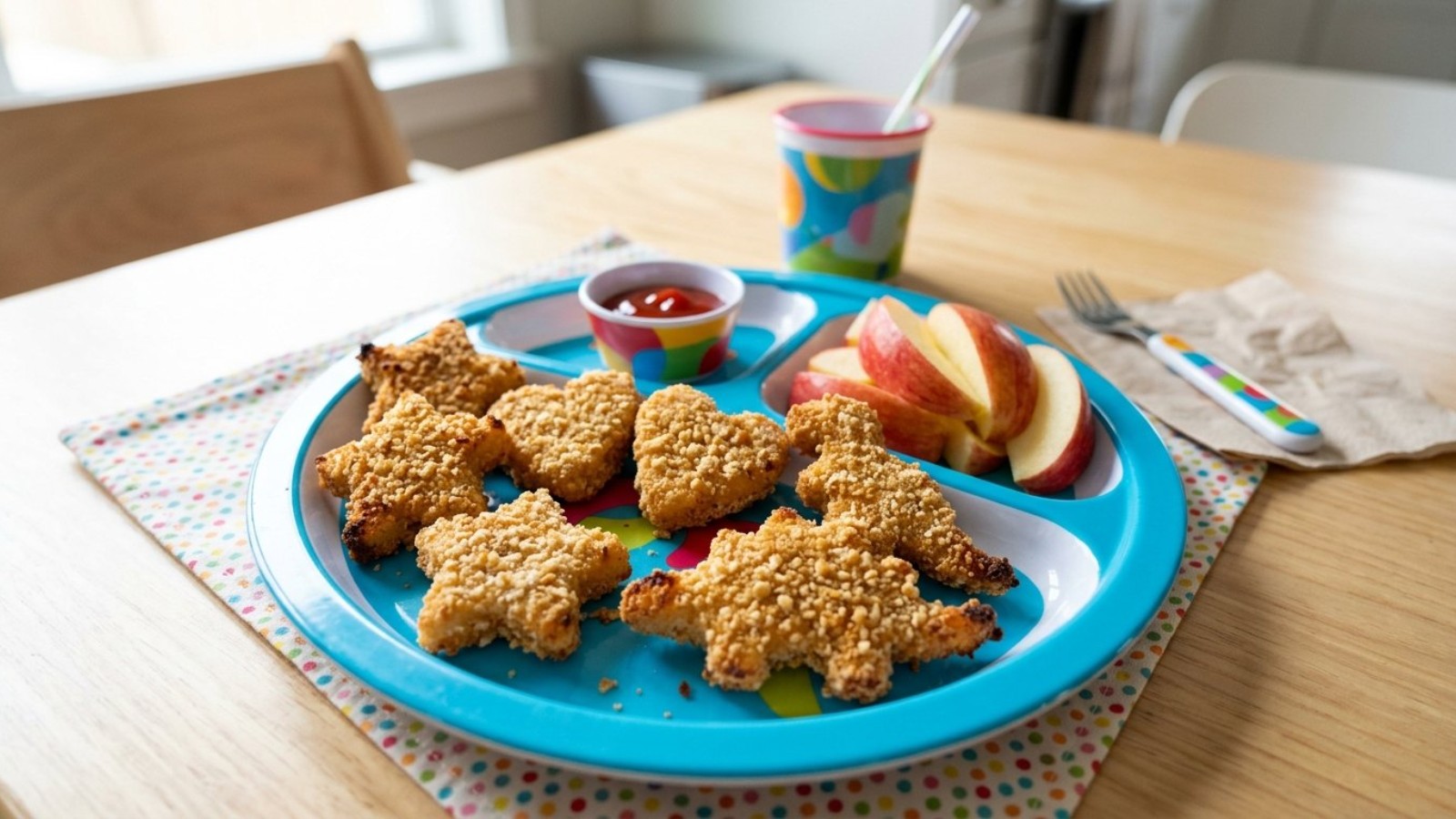 Chicken nuggets cut into stars, hearts and dinosaur shapes on a kid plate