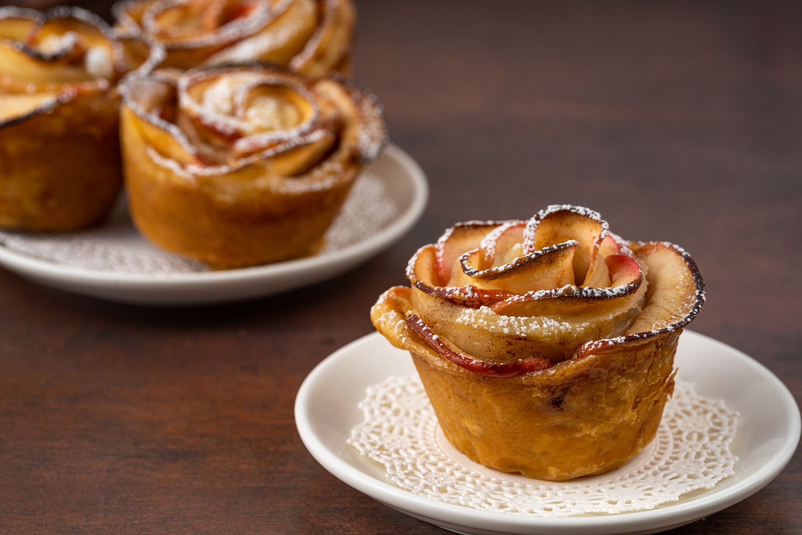 Apple roses baked from thin apple slices and pastry