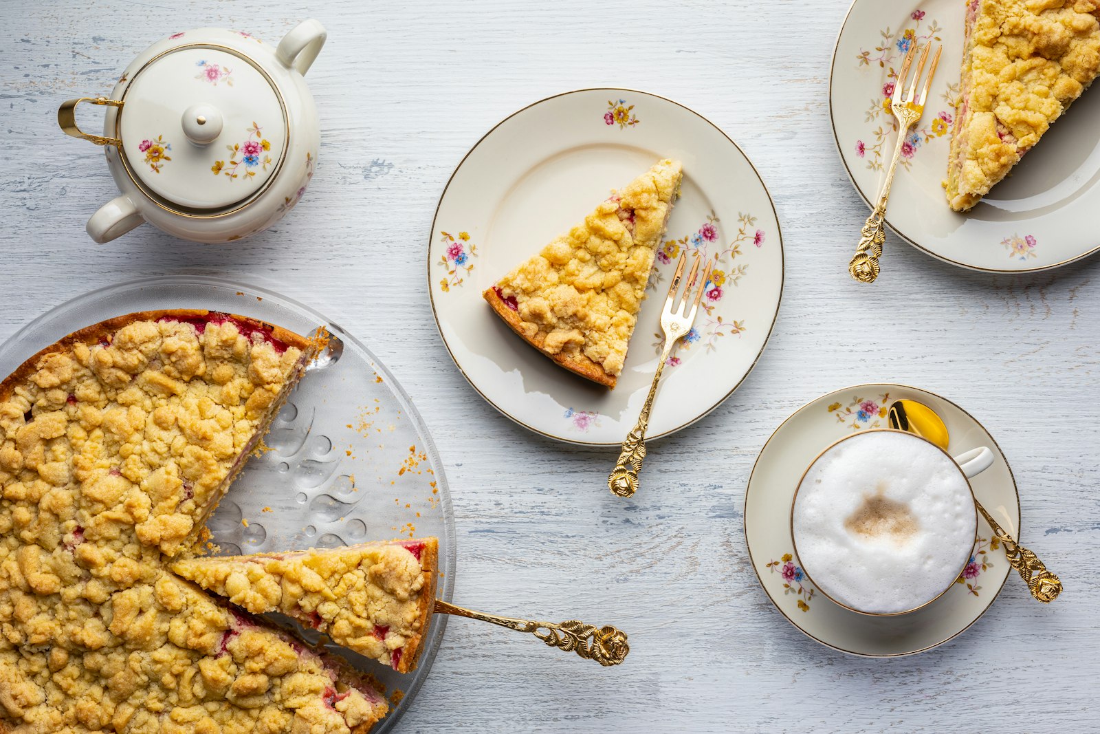 Crumble topped pie with a slice cut out