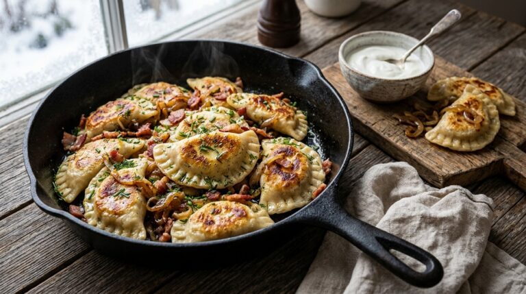 Golden pan-fried pierogi with bacon and caramelized onions in a cast iron skillet