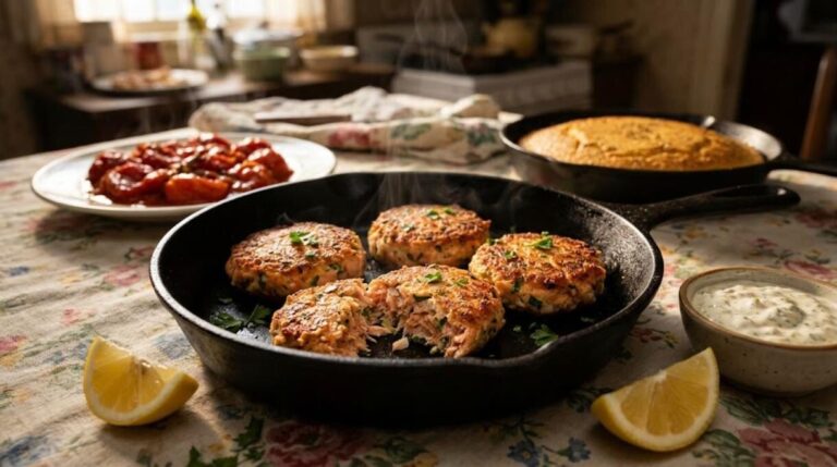Old fashioned salmon patties frying in a cast iron skillet