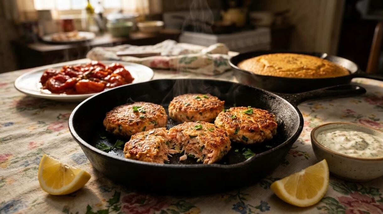 Old fashioned salmon skillet patties in cast iron