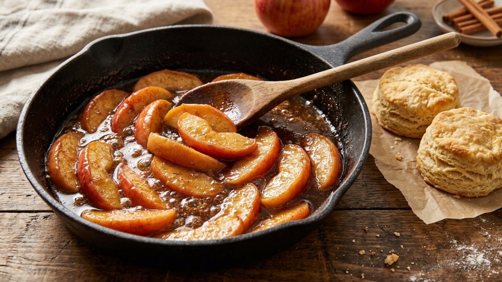 Cinnamon fried apples in a cast iron skillet