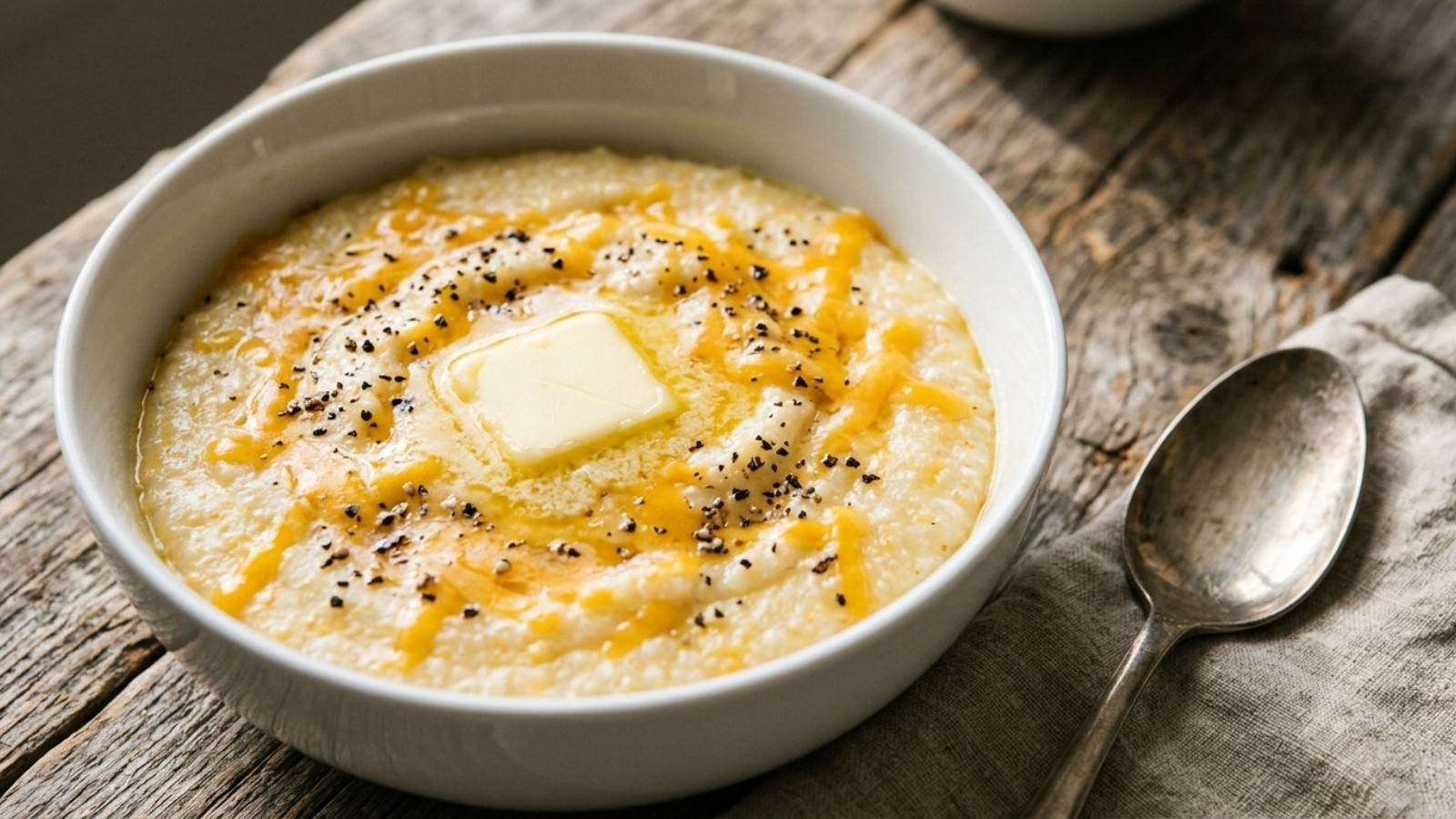 Southern breakfast cheese grits with melting butter in a white bowl