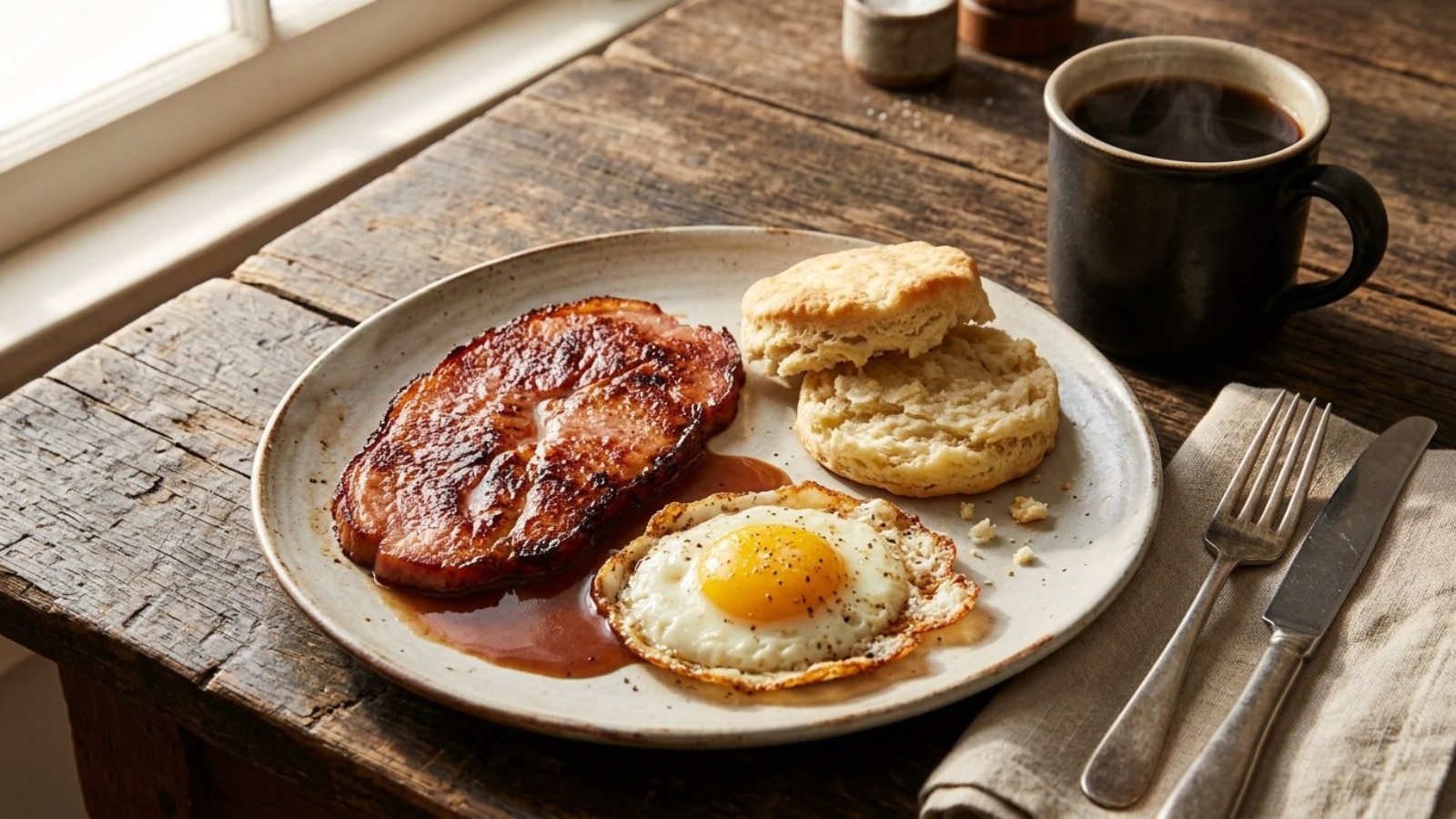 Country ham with red-eye gravy, a fried egg and a biscuit