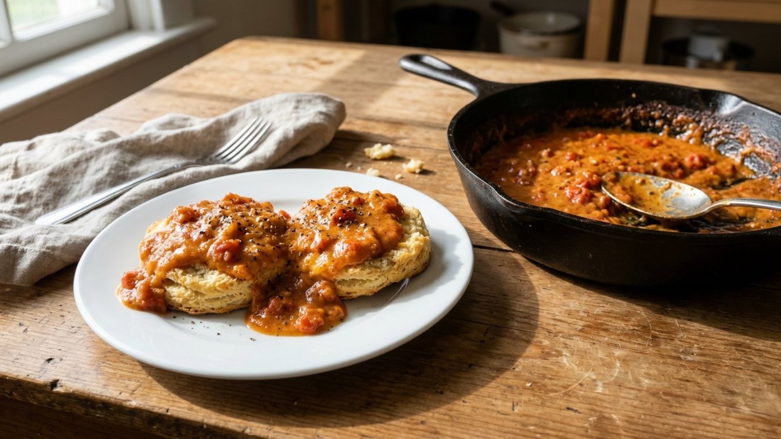 Biscuits smothered in tomato gravy next to a cast iron skillet