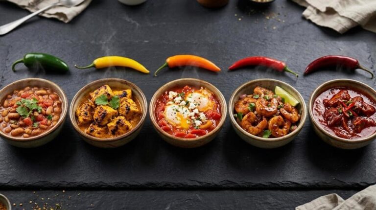 Spicy dishes in five bowls with chili peppers from green to red above them