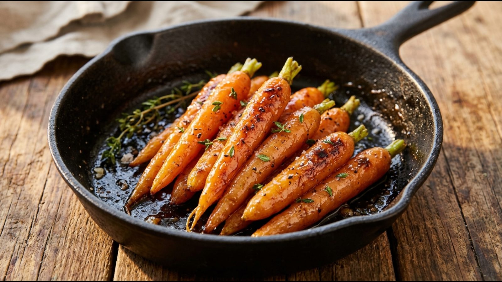 Honey glazed carrots with thyme in a small skillet