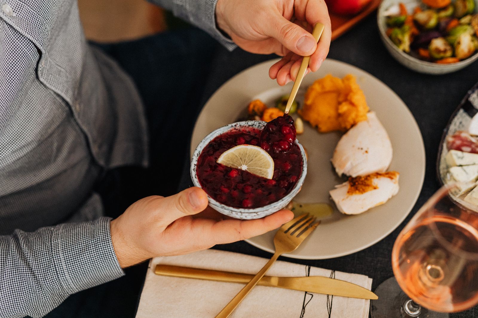 Thanksgiving for two: a small bowl of cranberry sauce at the table