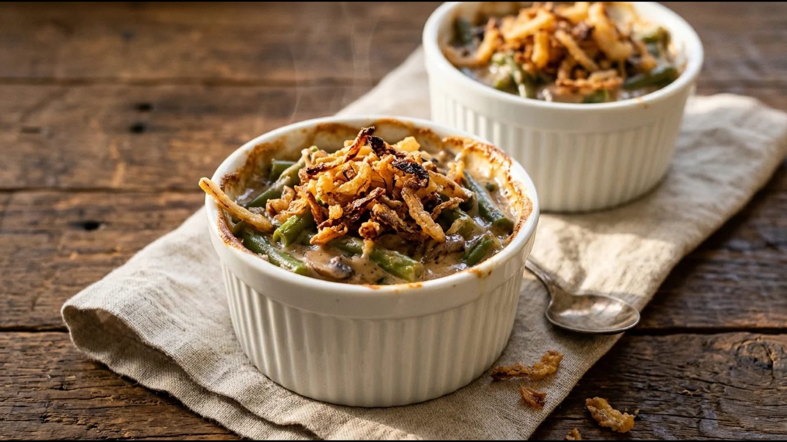 Thanksgiving for two: mini green bean casseroles in ramekins