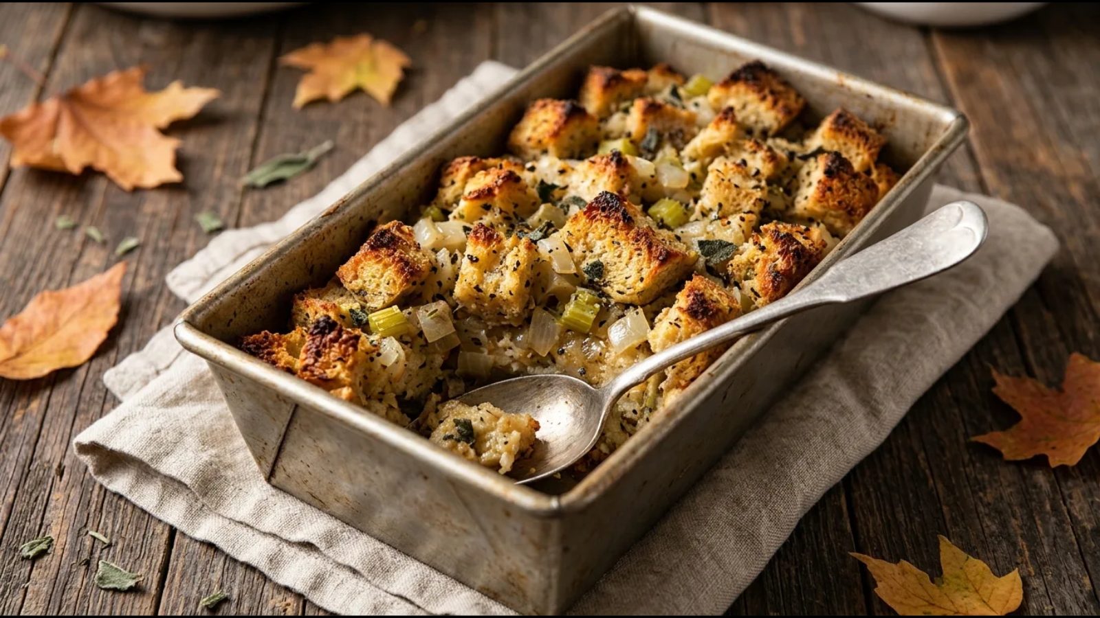 Small-batch herb stuffing baked in a loaf pan