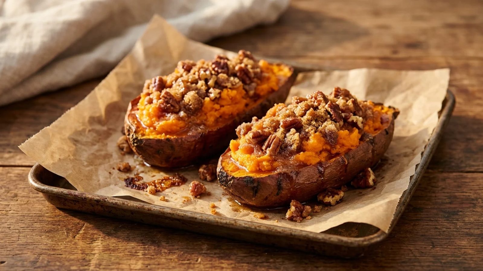 Sweet potato halves with pecan crumble for Thanksgiving for two