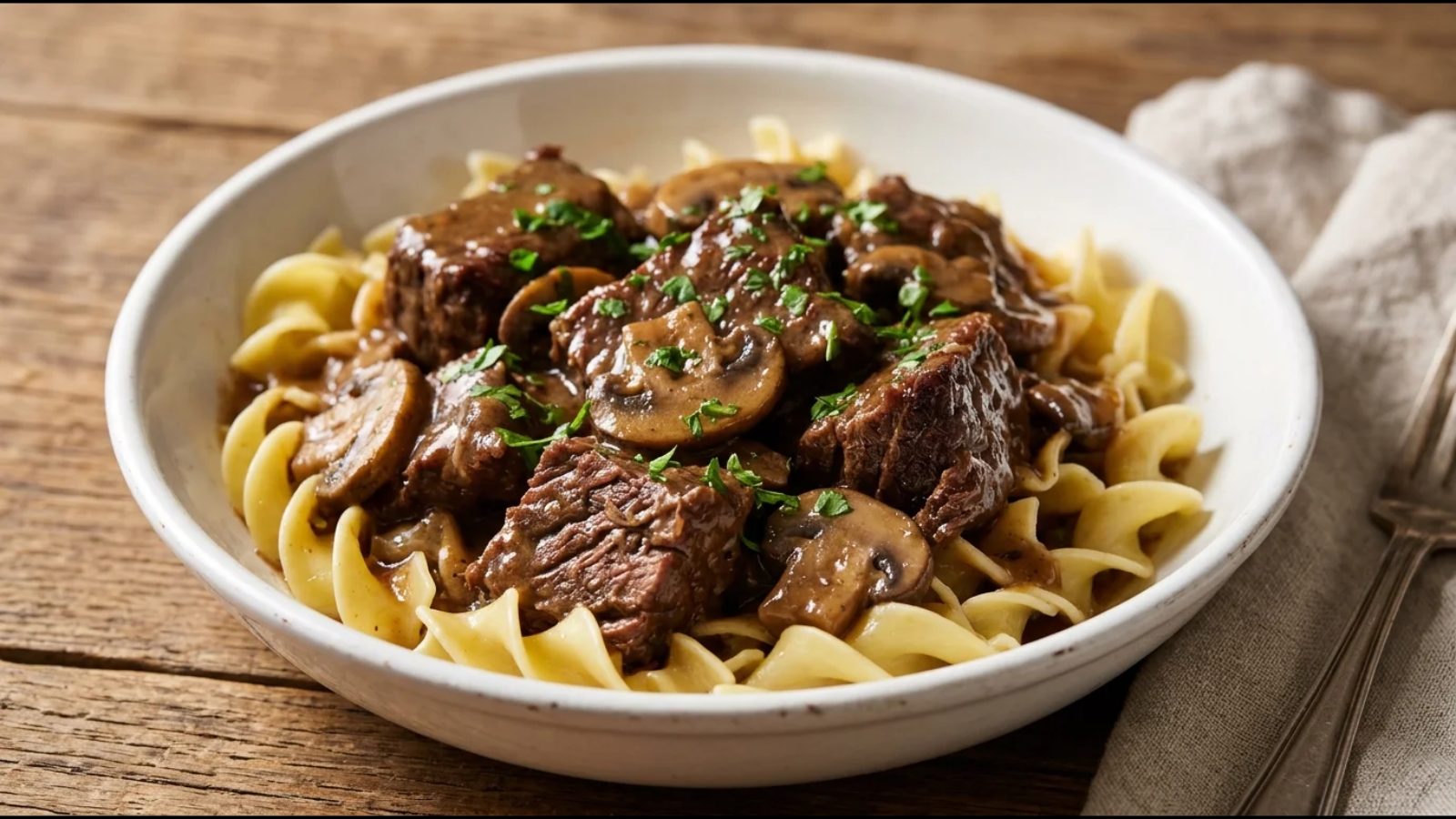 Three-ingredient dump dinners: beef tips in mushroom gravy over egg noodles