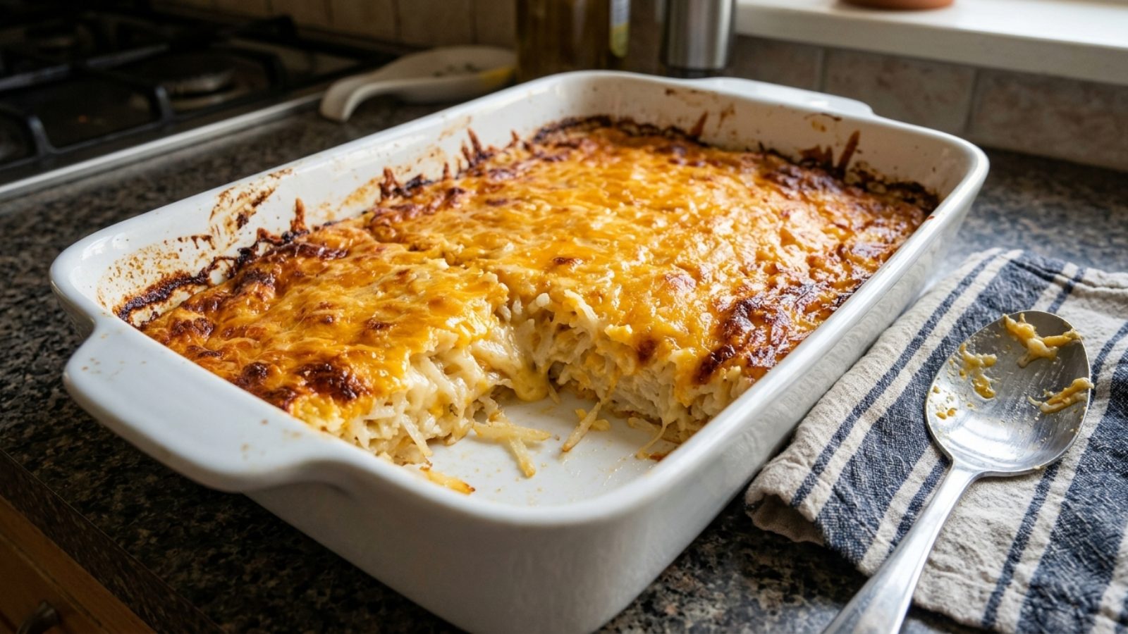 Cheesy hash brown casserole in a baking dish