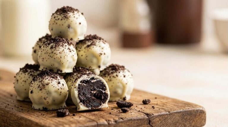 Three ingredient desserts: white chocolate cookie truffles stacked on a wooden board