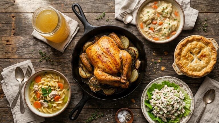 A roast whole chicken in a cast iron skillet surrounded by broth, pot pie, chicken salad and soup