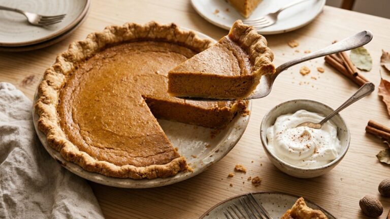 Costco copycat recipes: homemade deep-dish pumpkin pie with one slice lifted out
