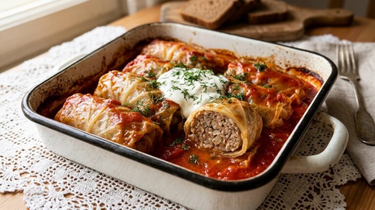 Cabbage rolls baked in tomato sauce with sour cream and dill, one cut open