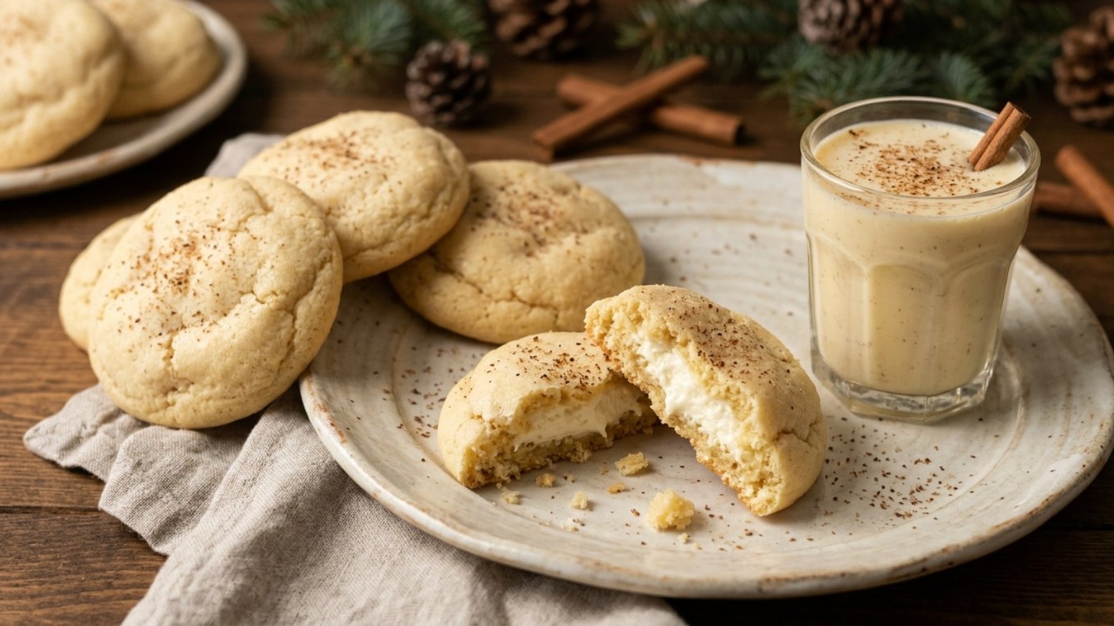 Eggnog treats with a creamy filling and a glass of eggnog