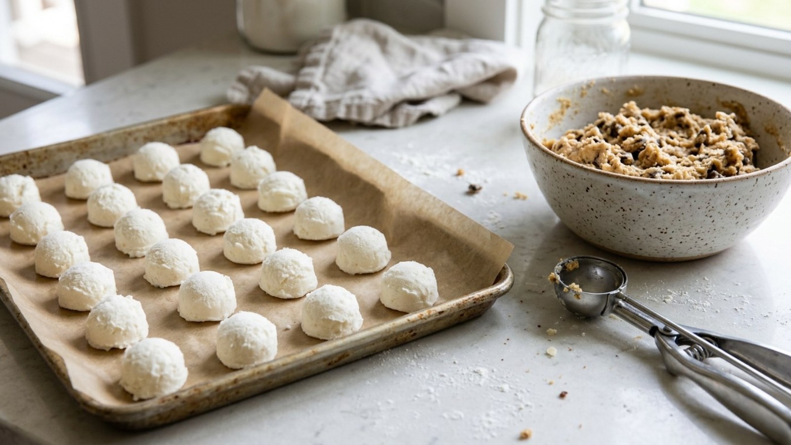 Frozen scoops of cream cheese filling on a baking sheet