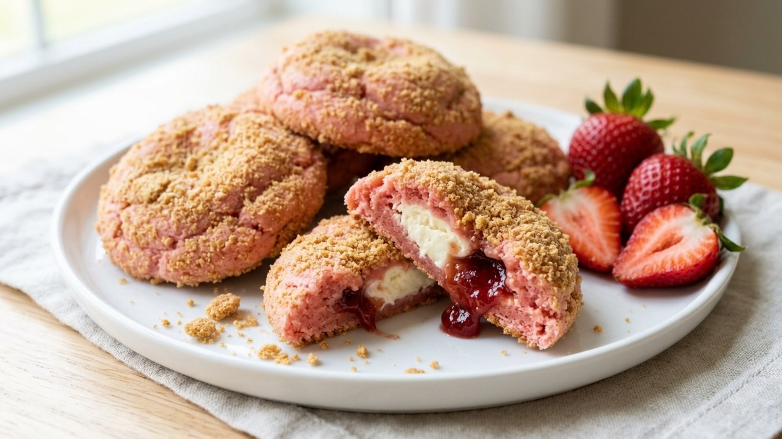 Cheesecake cookies: strawberry cookies rolled in graham crumbs