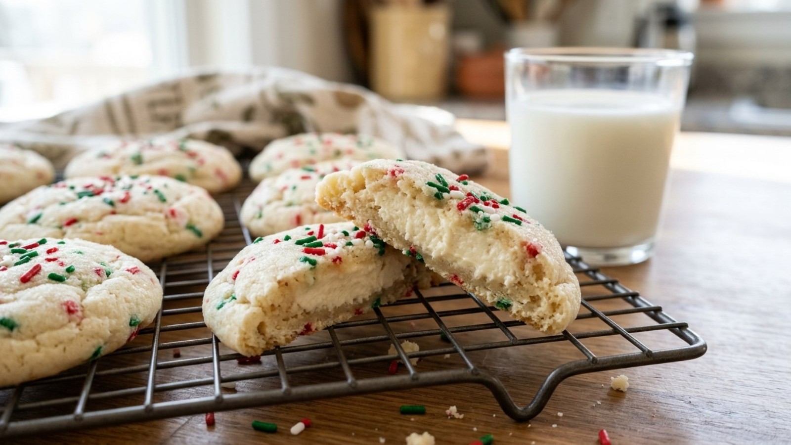 Christmas sugar cookies with sprinkles and a creamy filling