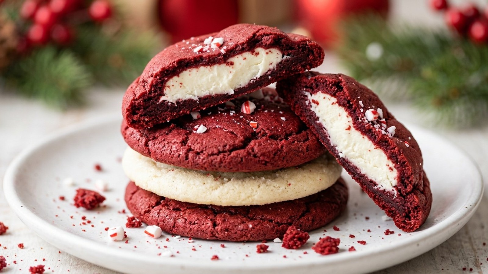 Cheesecake cookies: a red velvet cookie broken open to show a creamy cheesecake center