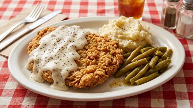 Chicken fried steak with peppery cream gravy, mashed potatoes and green beans