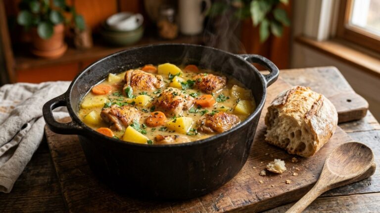 Chicken potato stew with chicken thighs, potatoes and carrots in a black pot