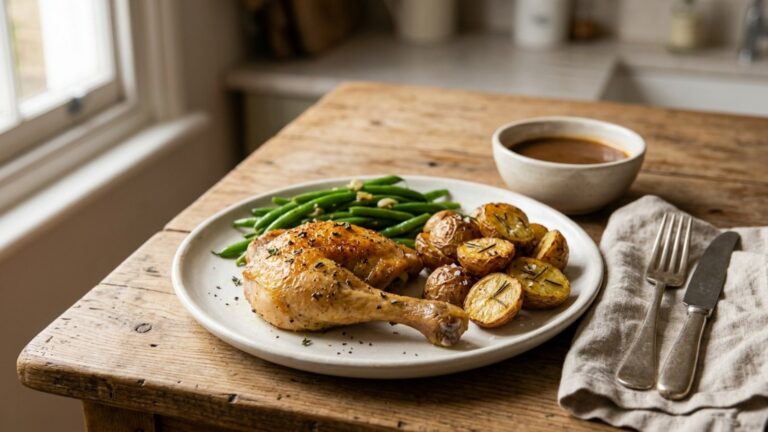 Meat and frailty study: a home dinner plate of roast chicken, green beans and roasted potatoes