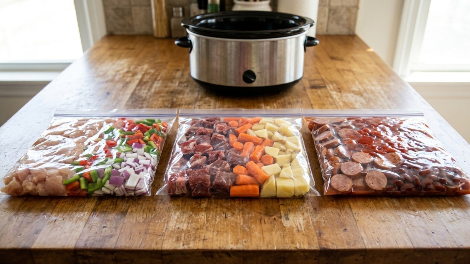 Freezer bags filled with slow cooker dinner ingredients