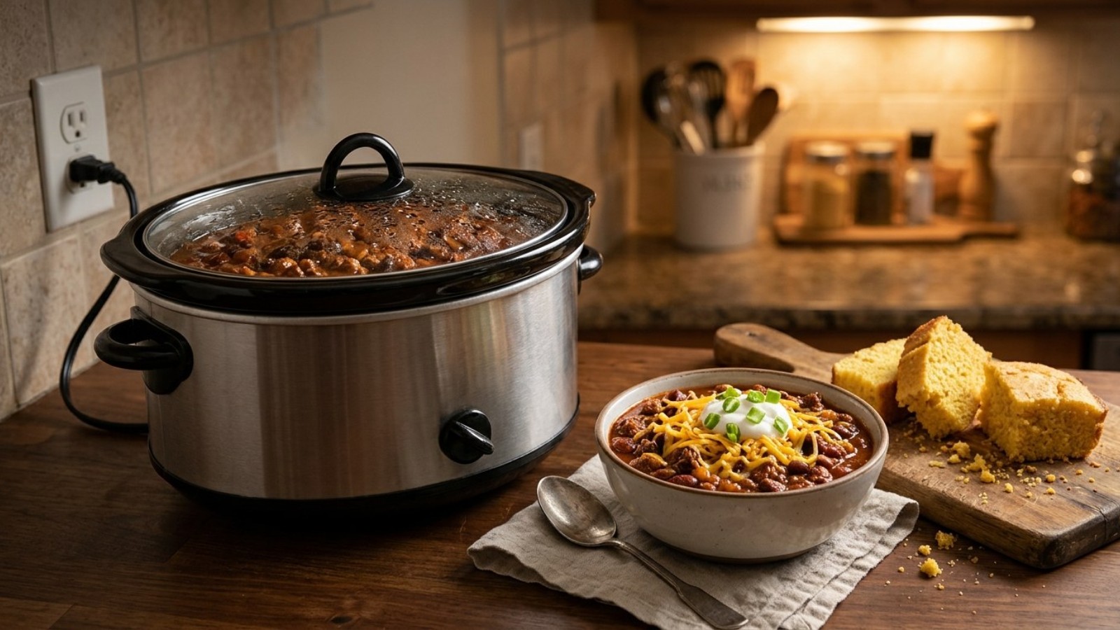Beef and bean chili in a slow cooker with a topped bowl
