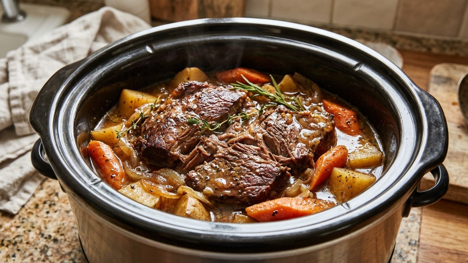 Pot roast resting on potatoes and carrots in a slow cooker