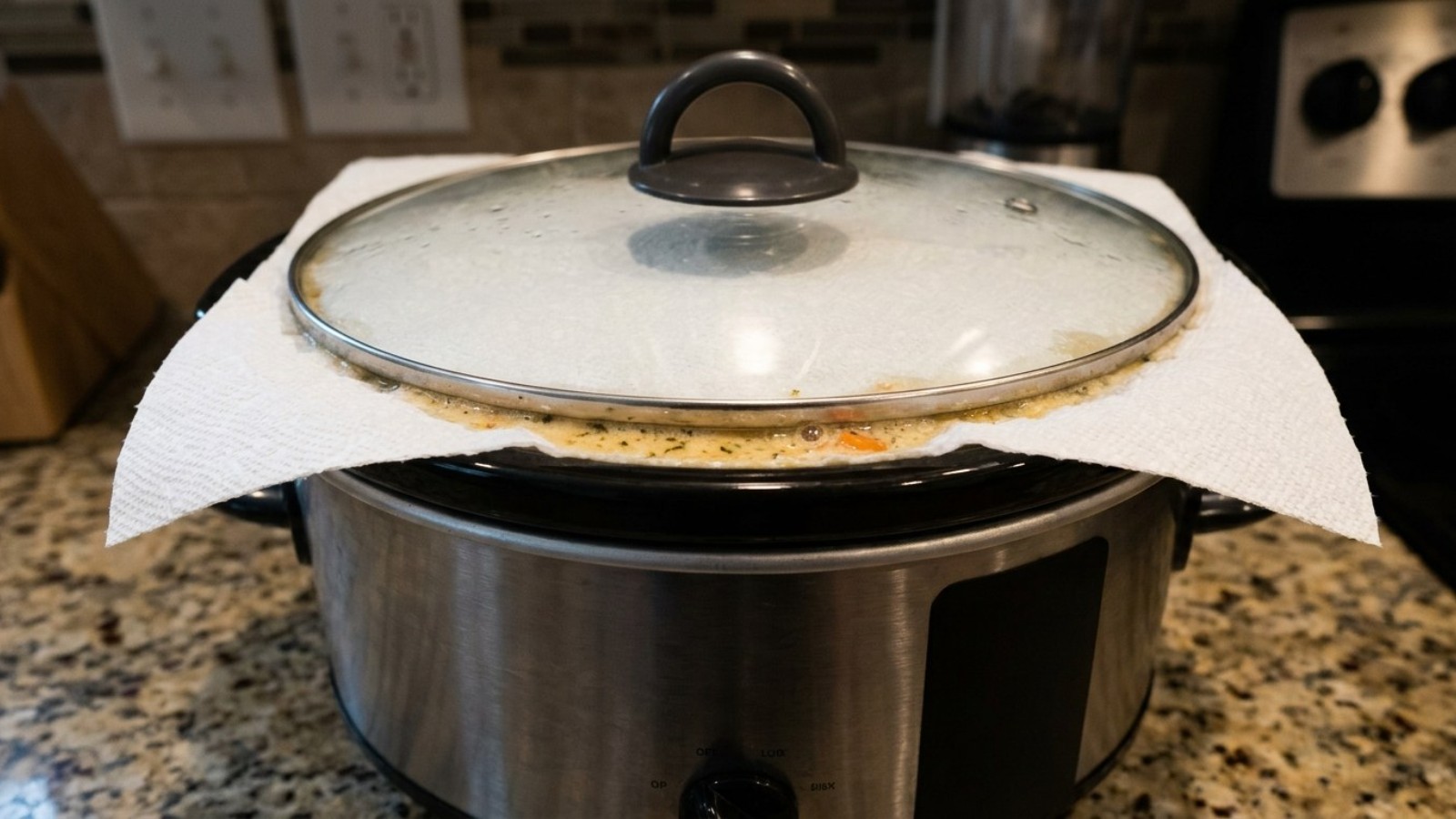 Slow cooker hacks: a paper towel under the lid to catch condensation