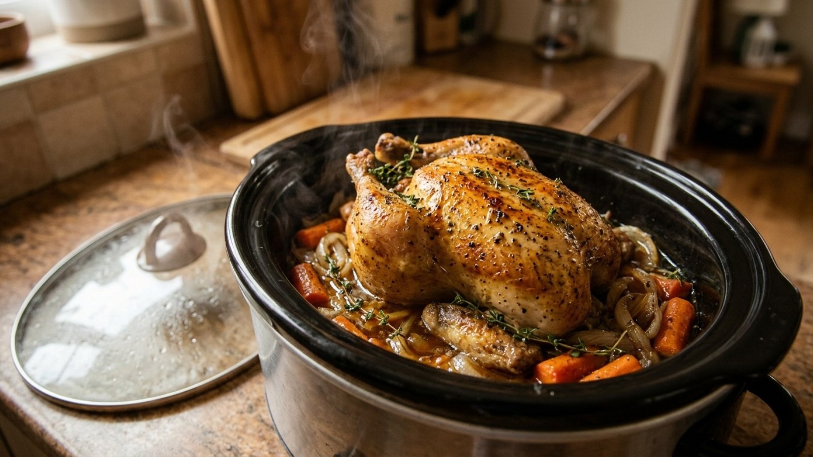 Slow cooker hacks: a whole roast chicken on onions and carrots in an open slow cooker