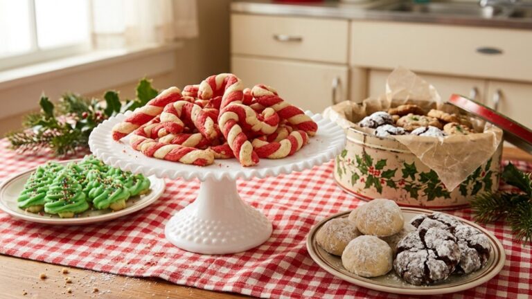 Betty Crocker Christmas cookies: candy cane cookies on a milk glass cake stand with a vintage cookie spread