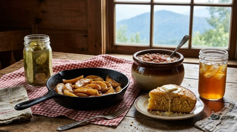 Appalachian recipes on a farmhouse table with fried apples, soup beans, cornbread and home canned pickles