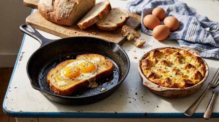 Eggs and bread recipes with egg in a hole toast in a cast iron skillet beside a cheesy egg and bread bake