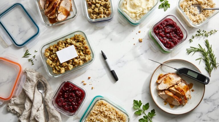 Leftover food safety: glass containers of turkey, stuffing, mashed potatoes and cranberry sauce with a food thermometer