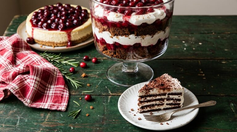 Make-ahead Christmas desserts: a layered trifle, an icebox cake slice and a cherry cheesecake on a green table