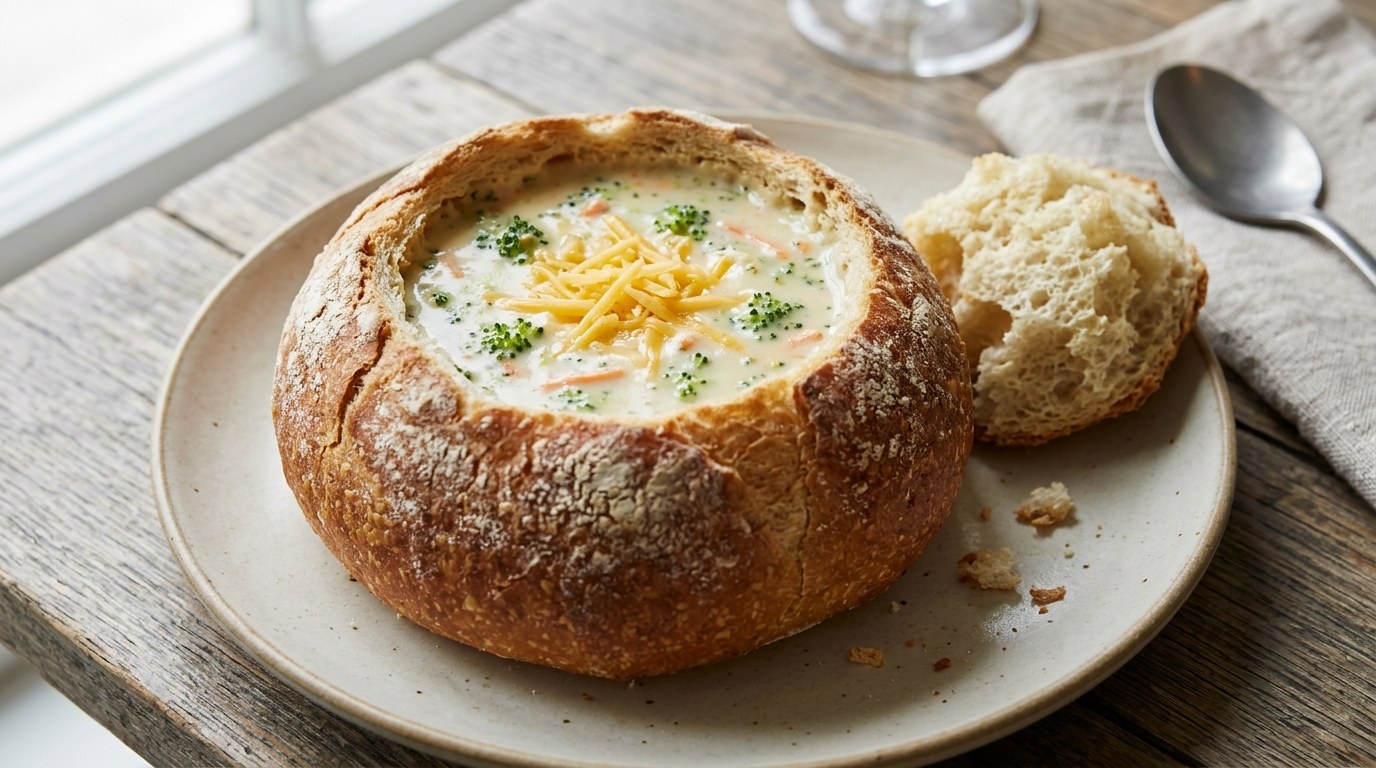 Copycat restaurant soups: broccoli cheddar soup in a bread bowl