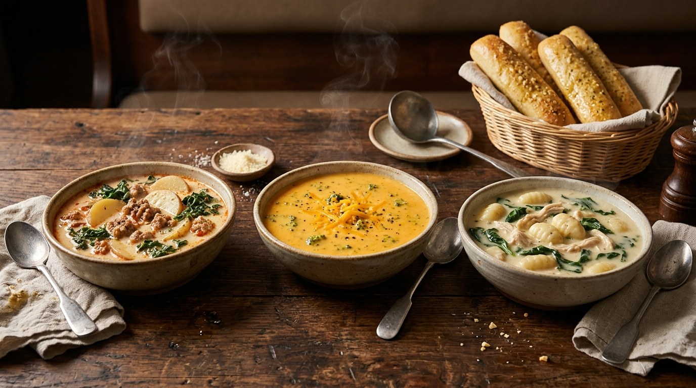 Copycat restaurant soups: bowls of zuppa toscana, broccoli cheddar and chicken gnocchi soup on a wooden table