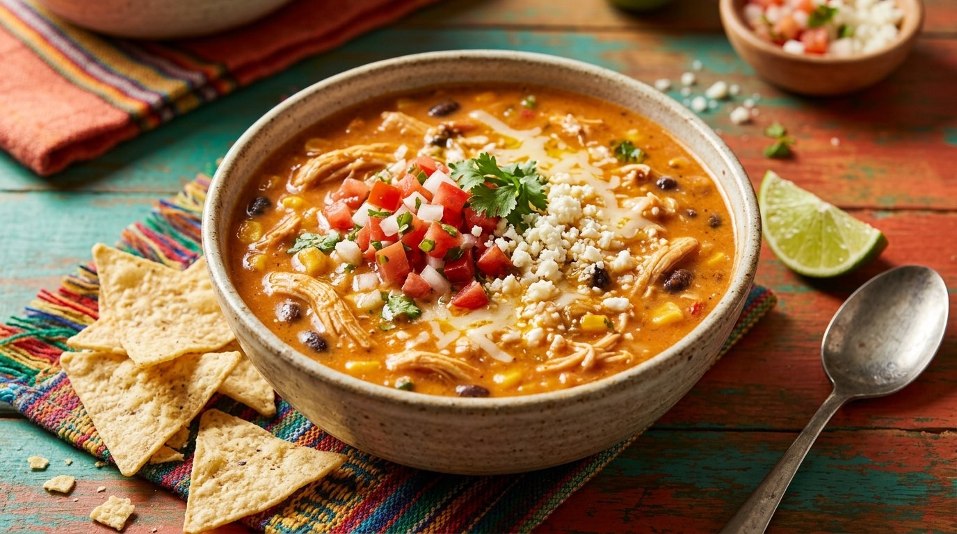 Cheesy chicken enchilada soup with pico de gallo and tortilla chips