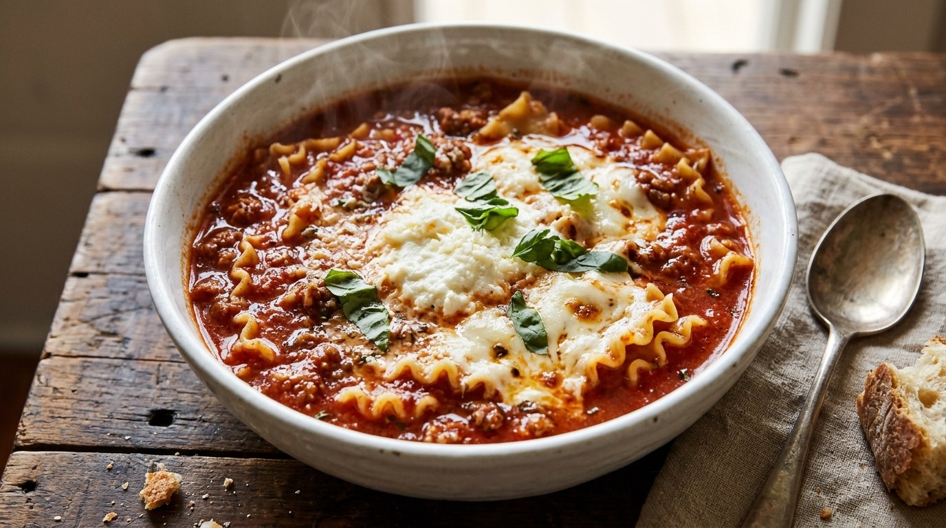 Copycat restaurant soups: lasagna soup topped with ricotta, mozzarella and basil